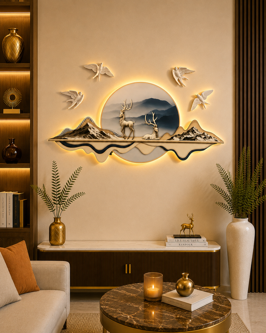 Beyaz Geyik ve Kuş Figürlü Işıklı Doğa Manzarası Duvar Tablosu (112 cm × 58 cm)