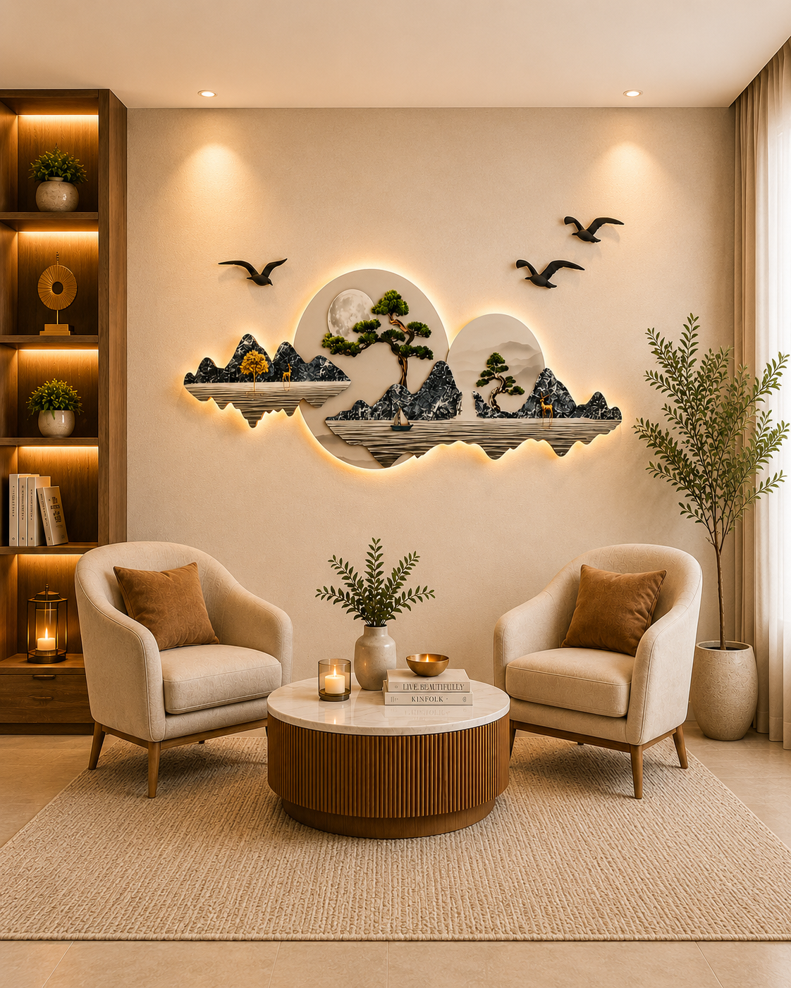 Ay Tonlarında Dağ Göl ve Yelkenli Figürlü Klasik Işıklı Duvar Tablosu (150 cm × 60 cm)