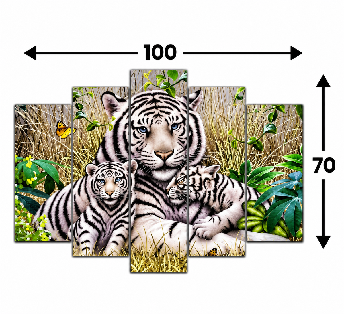 🐯 Beyaz Kaplan Ailesi – 5 Parçalı MDF Tablo (70 cm x 100 cm)