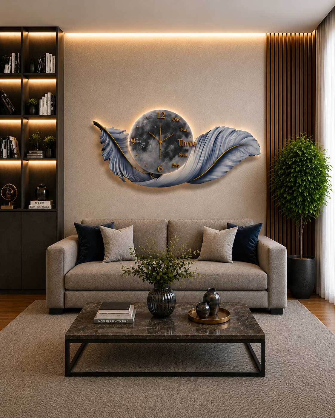 Gümüş Esinti LED Duvar Saati (70×150 cm) – Bluetooth Hoparlör