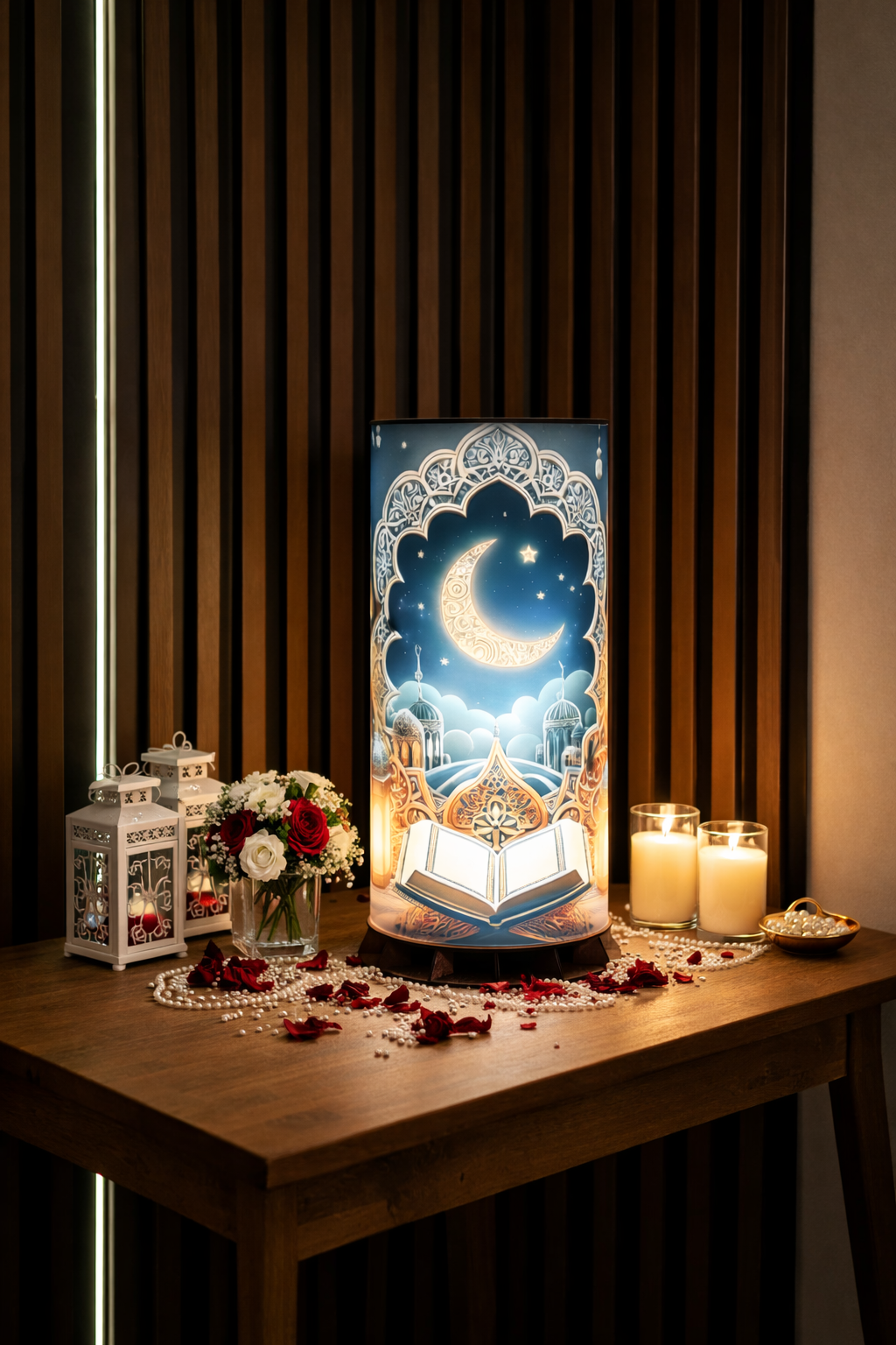 🌙 Kur’an ve Hilal Desenli LED Masa Lambası – Dekoratif Ortam Aydınlatması – 50 cm