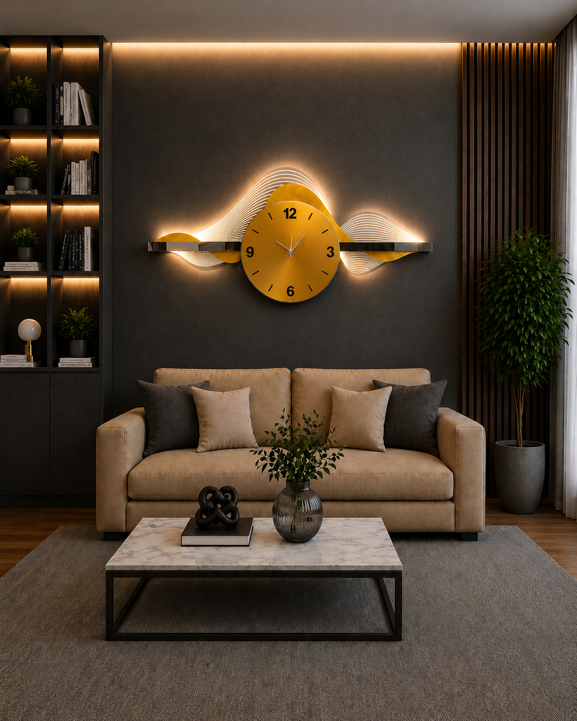 Altın Dalga LED Duvar Saati (65×150 cm) – Bluetooth Hoparlör-WA-10128-2D