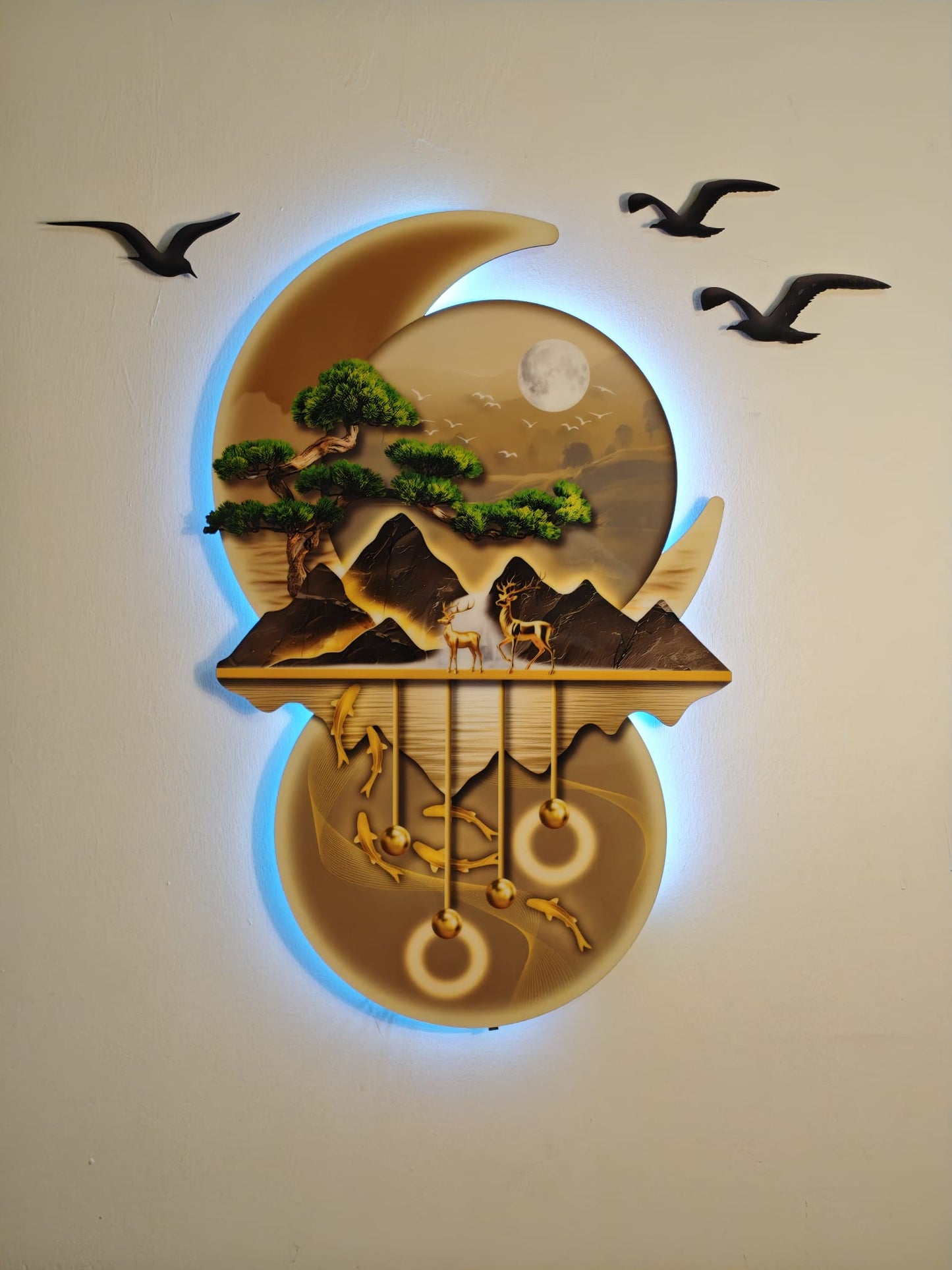 Ay Işığında Orman ve Geyik Figürlü Işıklı Duvar Tablosu (95 cm × 100 cm)