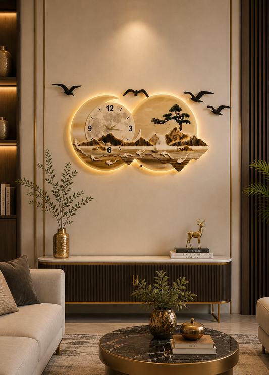 Ay Formlu Saat Detaylı Işıklı Altın Tonlu Doğa Manzarası Duvar Tablosu (100 cm x 60 cm)