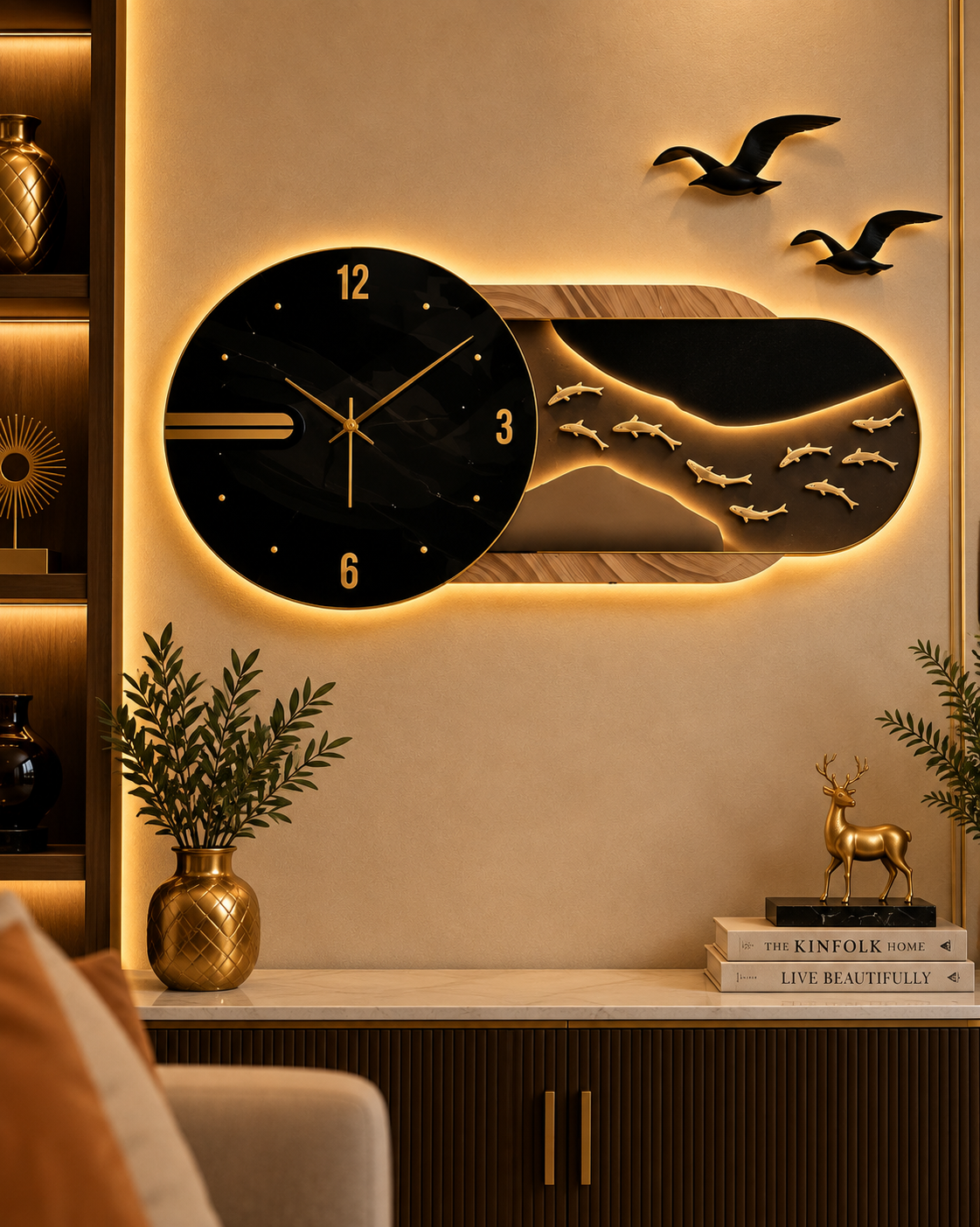 لوحة حائط عصرية مضيئة بتصميم ساعة سوداء وشكل سمكة (115 سم × 60 سم) - مكبر صوت بلوتوث - WA-10048-2D