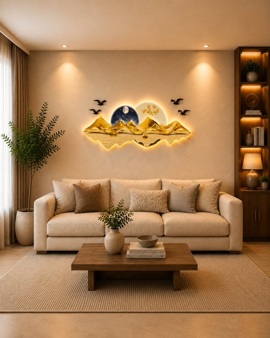 Altın Tonlu Dağ ve Göl Manzaralı Yelkenli Detaylı Işıklı Duvar Tablosu (125 cm x 57 cm)