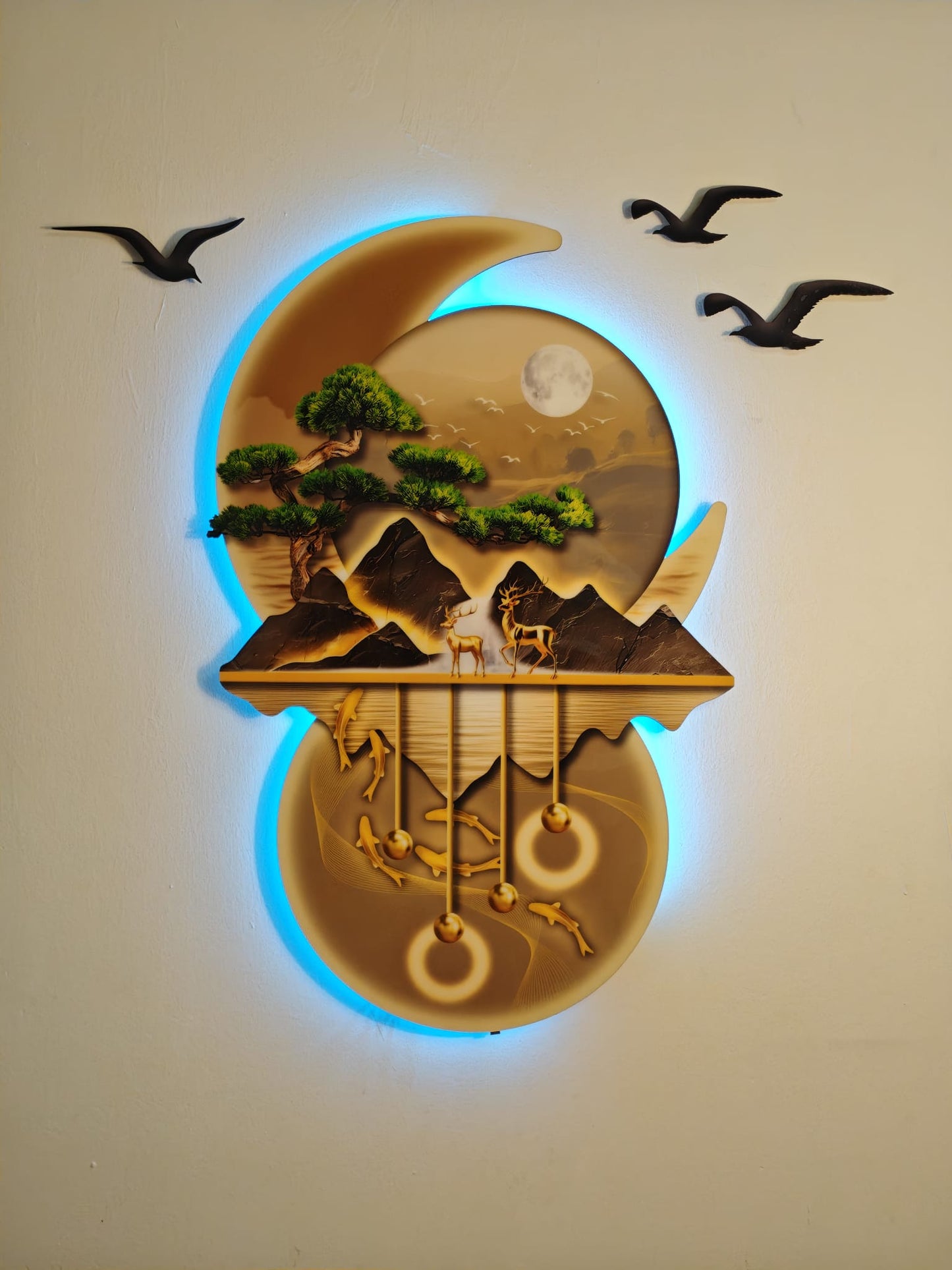 Ay Işığında Orman ve Geyik Figürlü Işıklı Duvar Tablosu (95 cm × 100 cm)