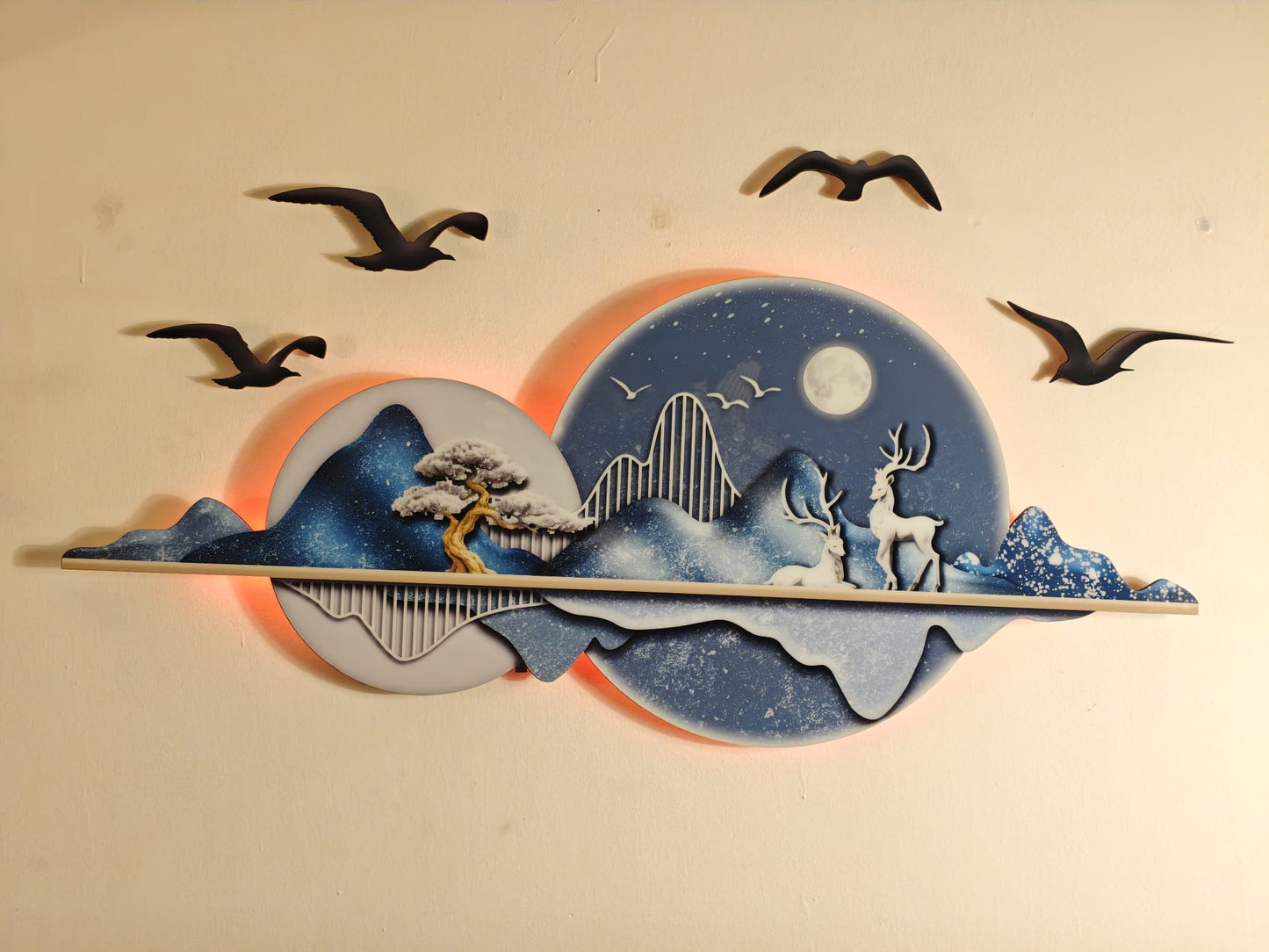 Ay ve Geyik Figürlü Işıklı Mavi Tonlu Dağ Manzarası Duvar Tablosu (120 cm × 55 cm)