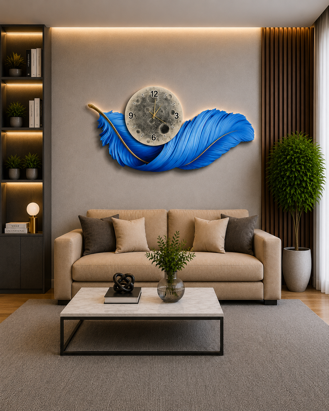 Okyanus Tüyü Akıllı LED Duvar Saati (70×150 cm) – Bluetooth Hoparlör