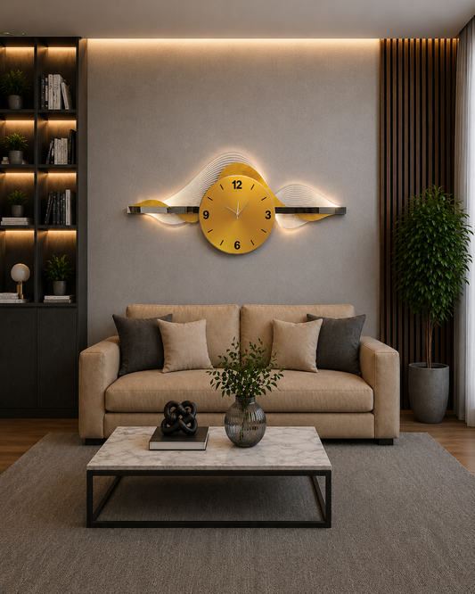 Altın Dalga LED Duvar Saati (65×150 cm)