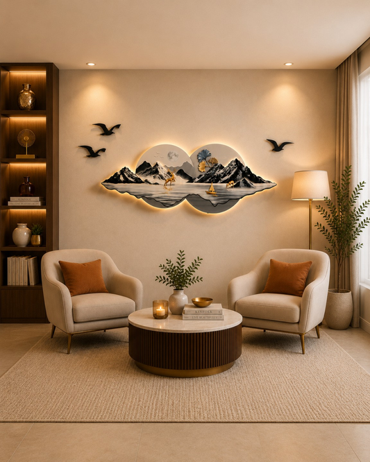 لوحة جدارية مضيئة بتصميم ضوء القمر وجبال وبحيرة (130 سم × 52 سم) - WA-10012-2D