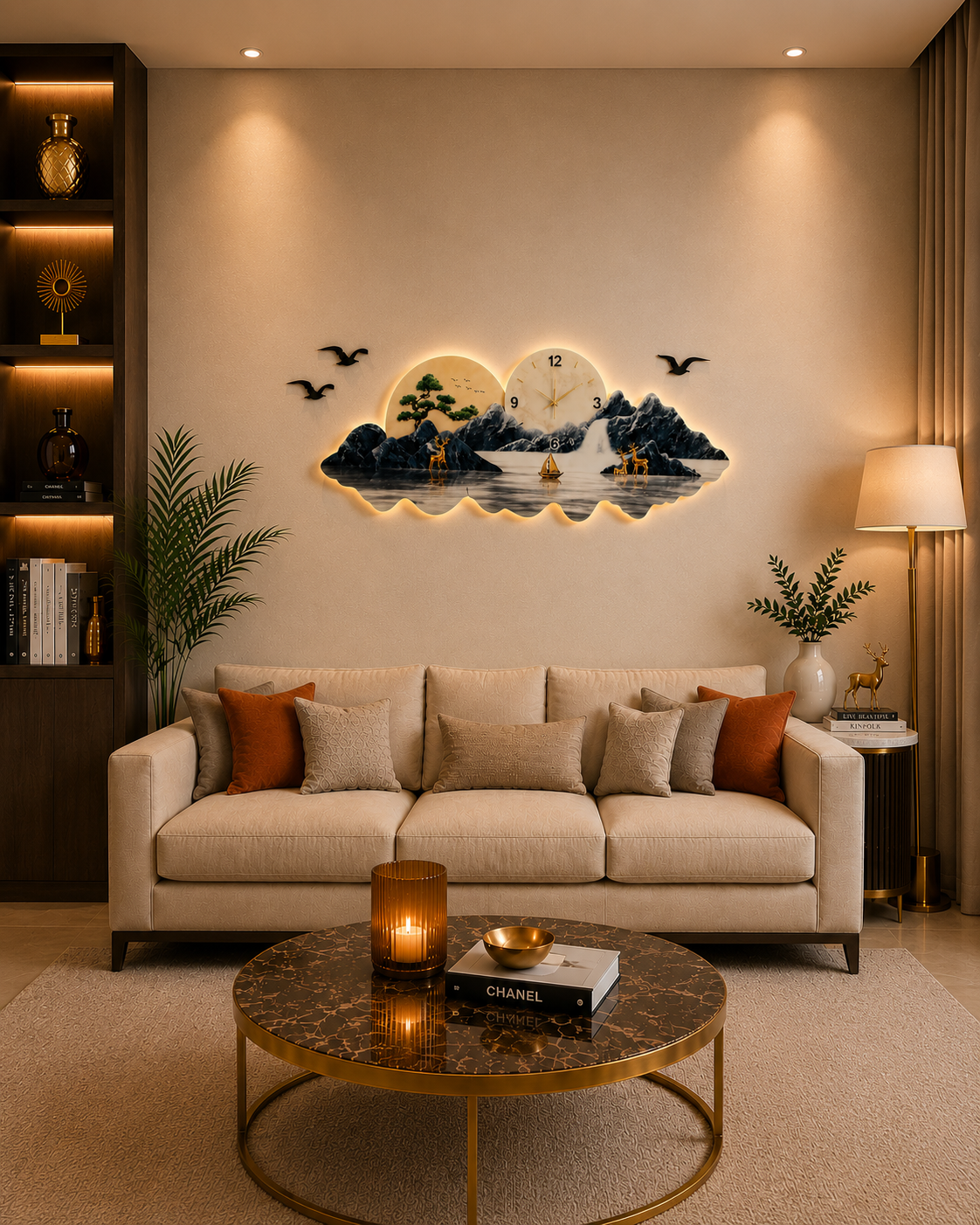 Saat Detaylı Işıklı Dağ, Göl ve Doğa Temalı Duvar Tablosu (150 cm x 52 cm)