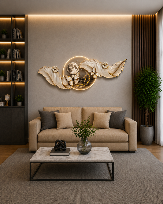 Ay & Kelebek LED Duvar Sanatı (70×150 cm) – Bluetooth Hoparlörlü
