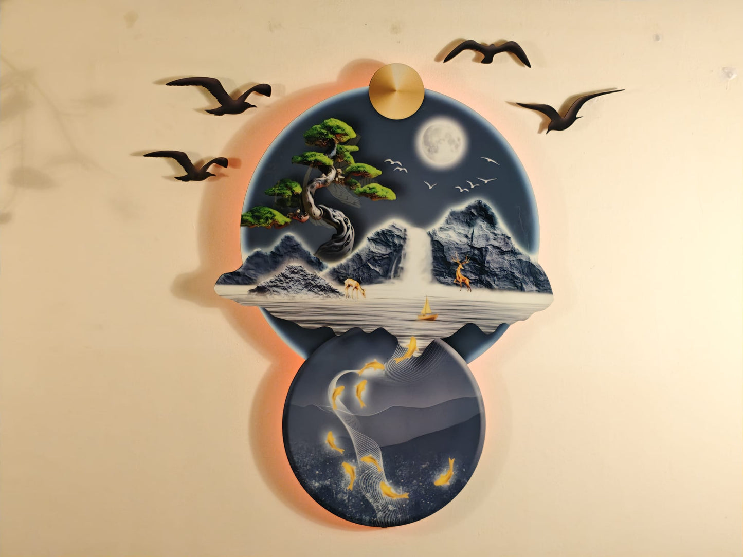 Altın Ufukta Doğanın Ahengi Işıklı Duvar Tablosu (95 cm × 110 cm )