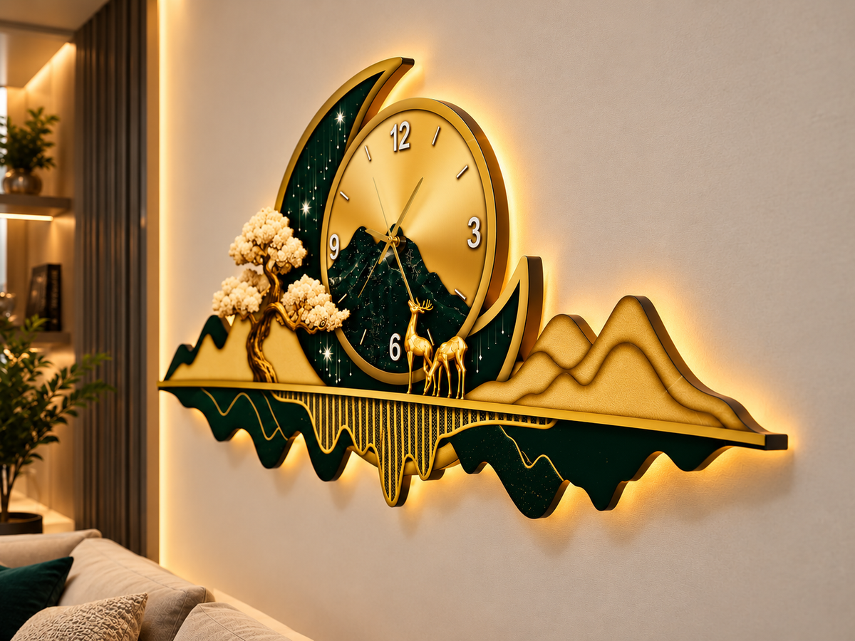 Zümrüt Yeșil ve Altın Hilal Dağ LED Duvar Saati (70×150 cm) – Bluetooth Hoparlör