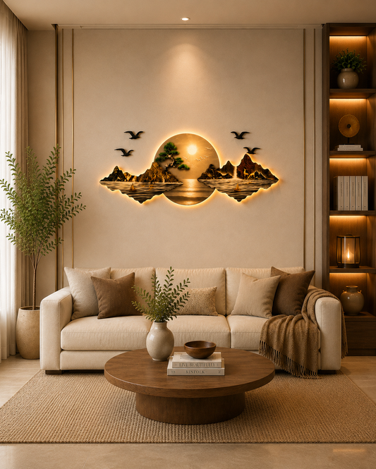 Güneş Işığında Şelale ve Geyik Figürlü Işıklı Duvar Tablosu (145 cm × 60 cm)