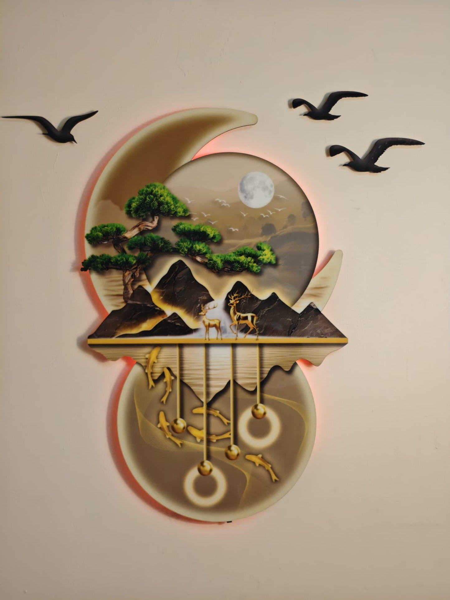 Ay Işığında Orman ve Geyik Figürlü Işıklı Duvar Tablosu (95 cm × 100 cm)