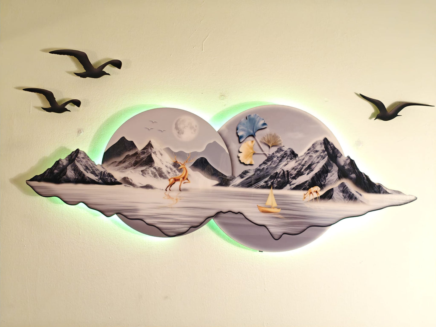 Ay Işığı Temalı Işıklı Dağ ve Göl Manzarası Duvar Tablosu (130 cm × 52 cm)