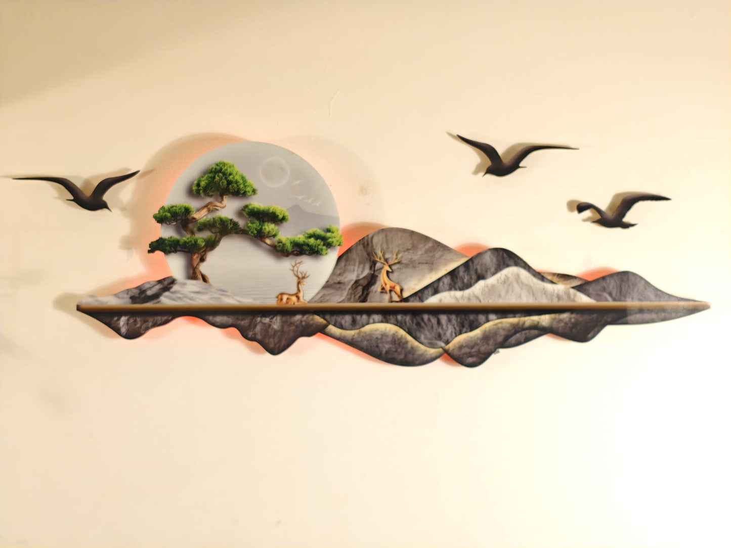 Yeşil bonsai ağacı ve Geyik Figürlü Işıklı Dağ Duvar Tablosu (120 cm × 45 cm)