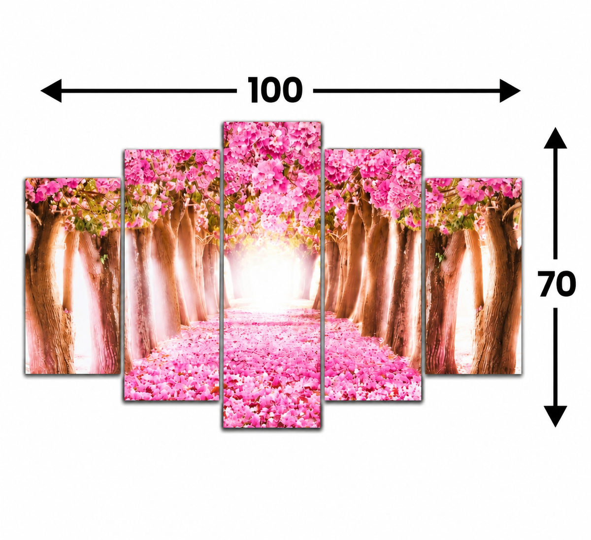 Pembe Çiçekler Yolu – 5 Parçalı MDF Tablo (70 cm x 100 cm)