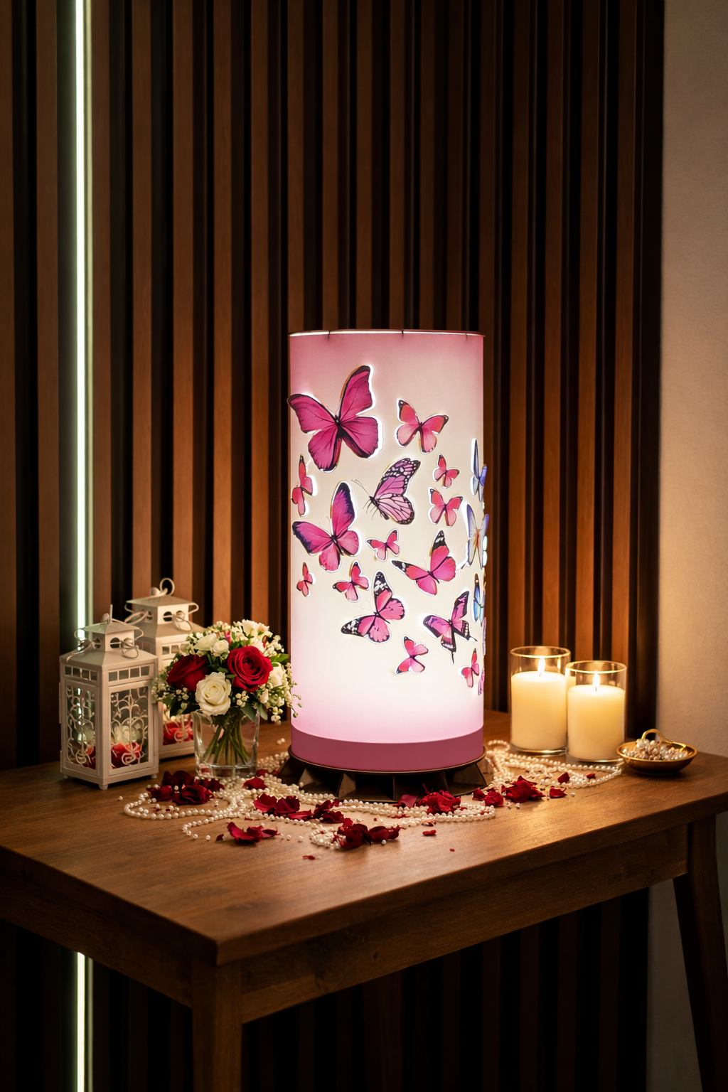 Kelebek Temalı Premium LED Dekoratif Silindir Lamba – Özel Tasarım Aydınlatma