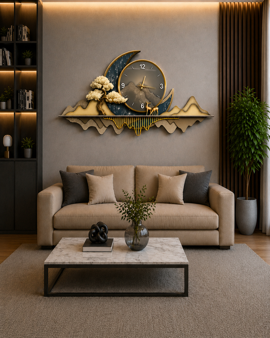 Altın Hilal Dağ LED Duvar Saati (70×150 cm) – Bluetooth Hoparlör