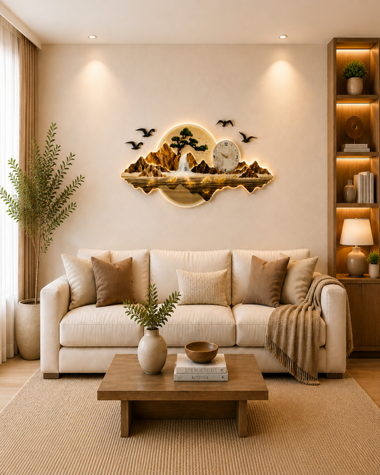 Altın Tonlu Saat Detaylı Işıklı Dağ ve Şelale Temalı Duvar Tablosu (130 cm x 60 cm)