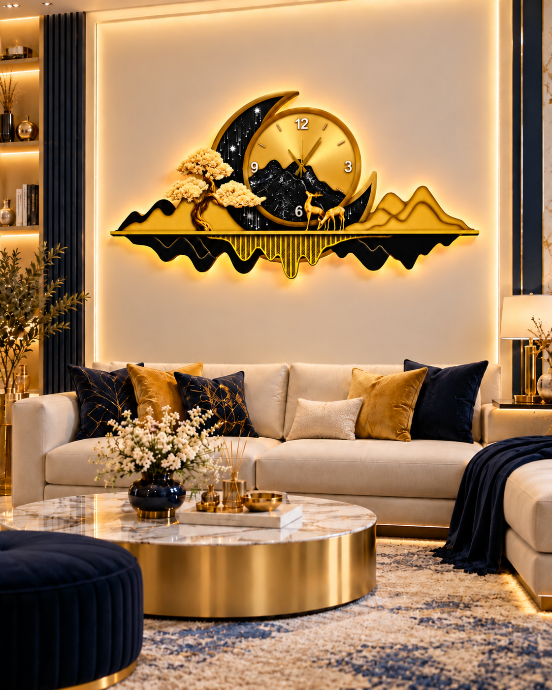 Siyah ve Altın Hilal Dağ LED Duvar Saati (70×150 cm) – Bluetooth Hoparlör