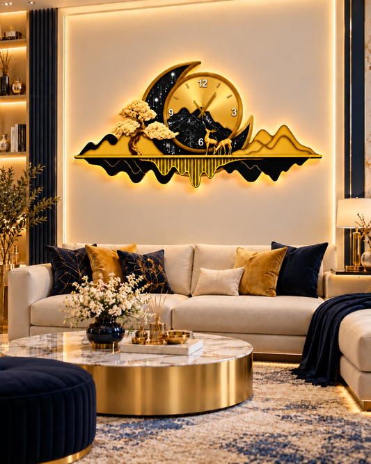ساعة حائط LED بتصميم الجبل والهلال الذهبي (70×150 سم) – مكبر صوت بلوتوث-WA-10120-2D
