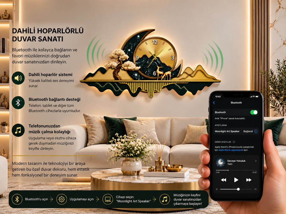 Zümrüt Yeșil ve Altın Hilal Dağ LED Duvar Saati (70×150 cm) – Bluetooth Hoparlör