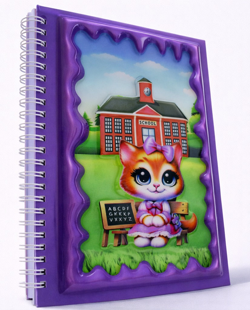 Okul Temalı Sevimli Kedi 3 Boyutlu Spiralli Defter