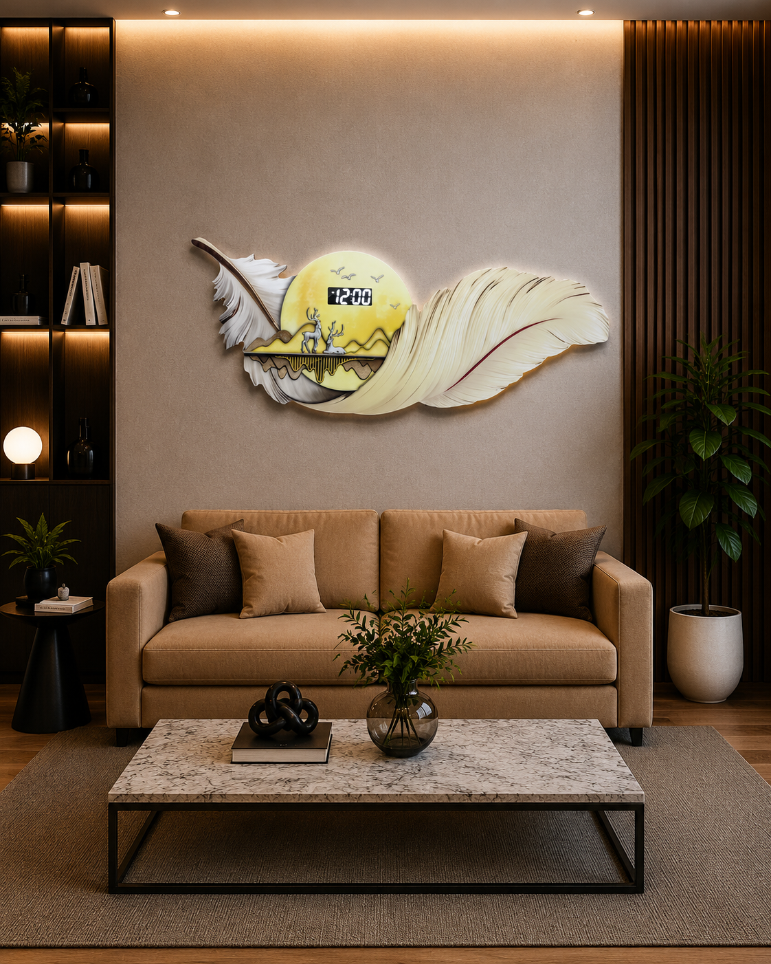 Krem Esinti LED Duvar Saati (70×150 cm) – Bluetooth Hoparlör