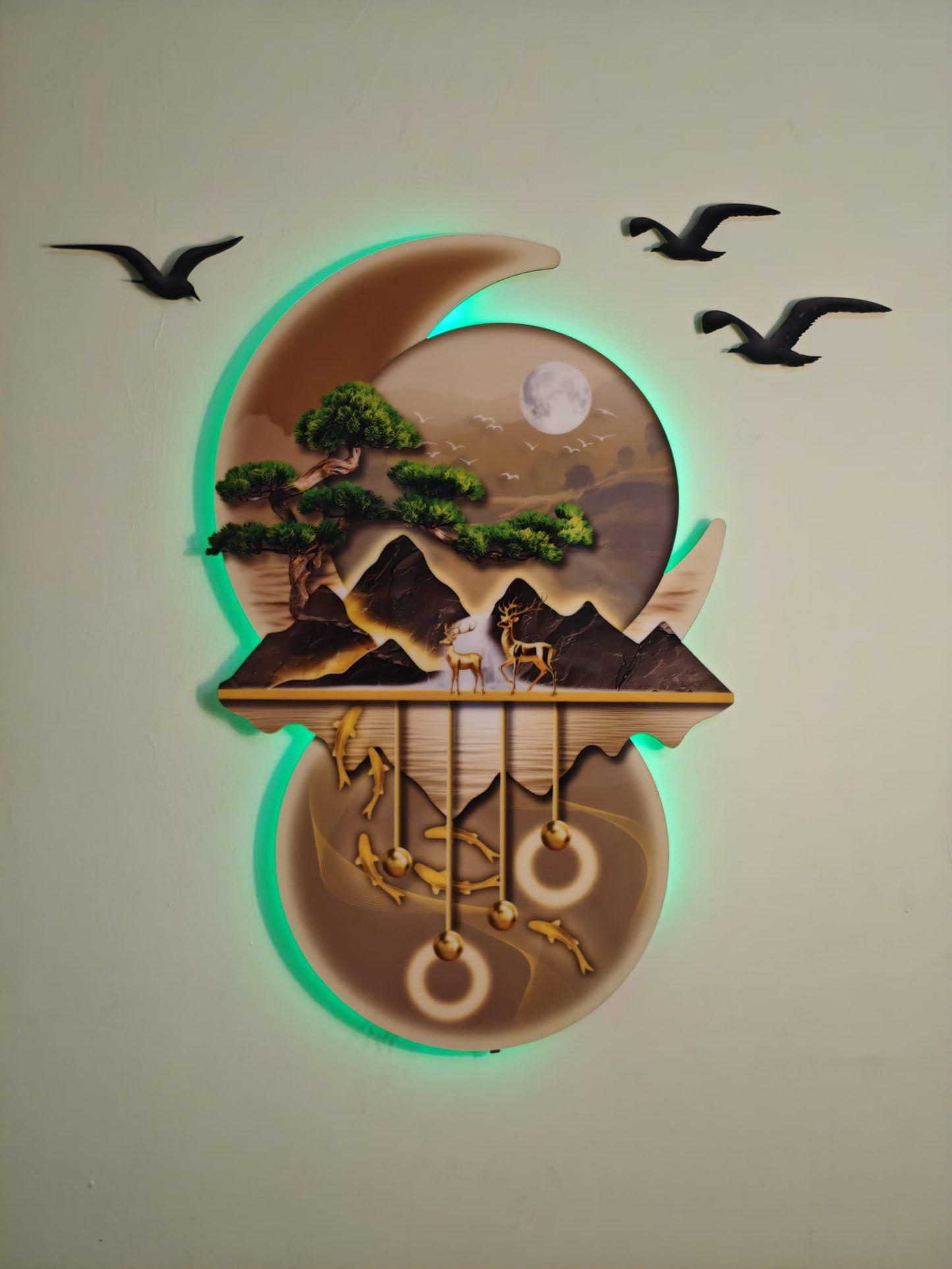 Ay Işığında Orman ve Geyik Figürlü Işıklı Duvar Tablosu (95 cm × 100 cm)