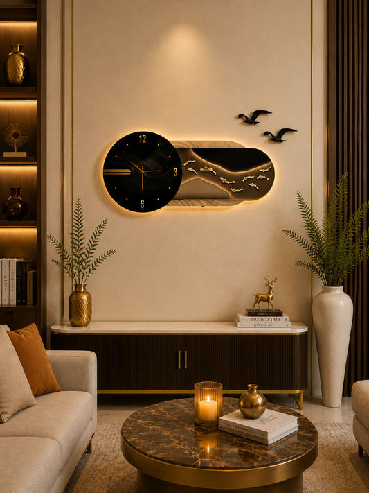 Siyah Saat Tasarımlı Balık Figürlü Işıklı Modern Duvar Tablosu  (115 cm x 60 cm)