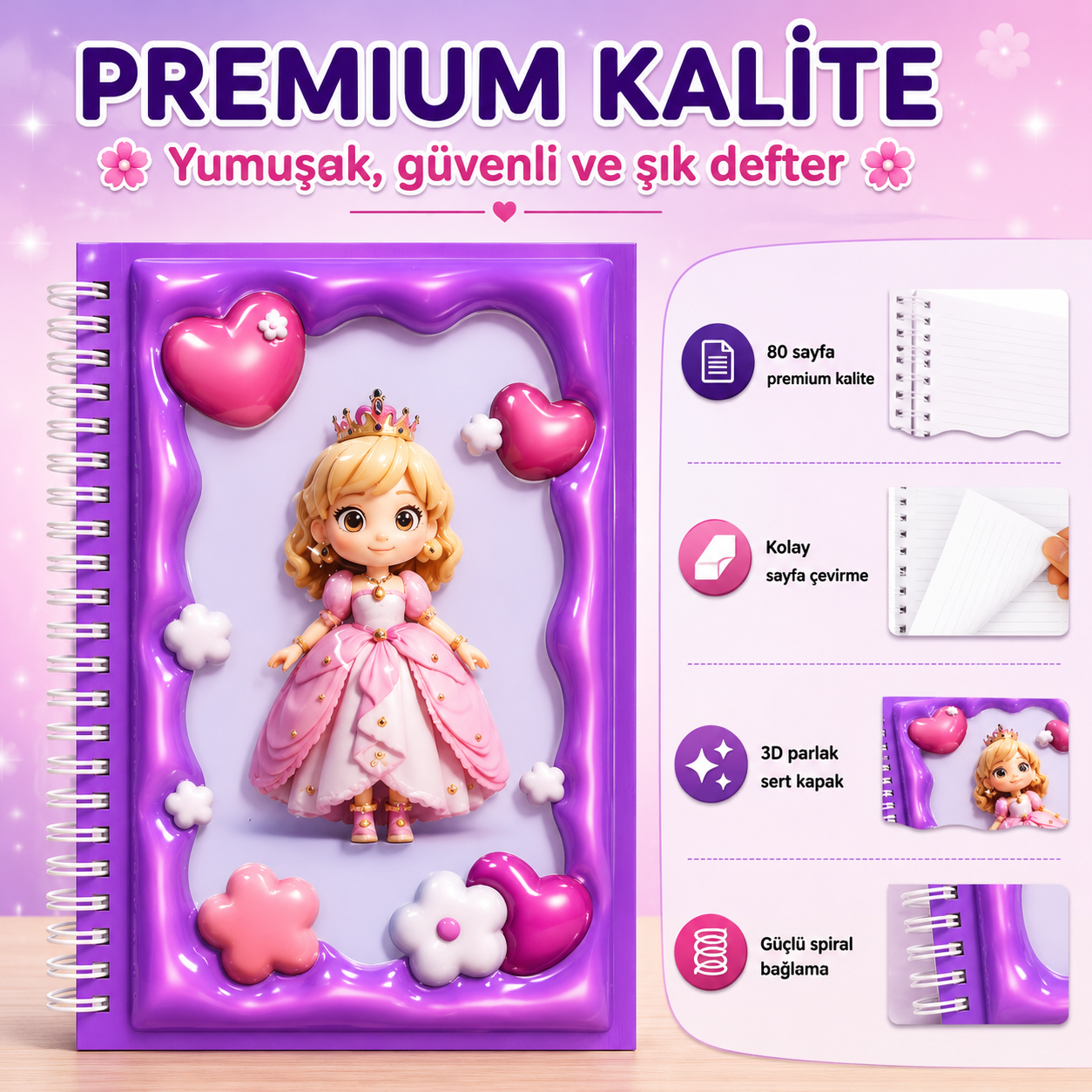 A5 Boyutunda  Parlak Yüzeyli 3 Boyutlu  Spiralli Defter  3'lü Koleksiyon