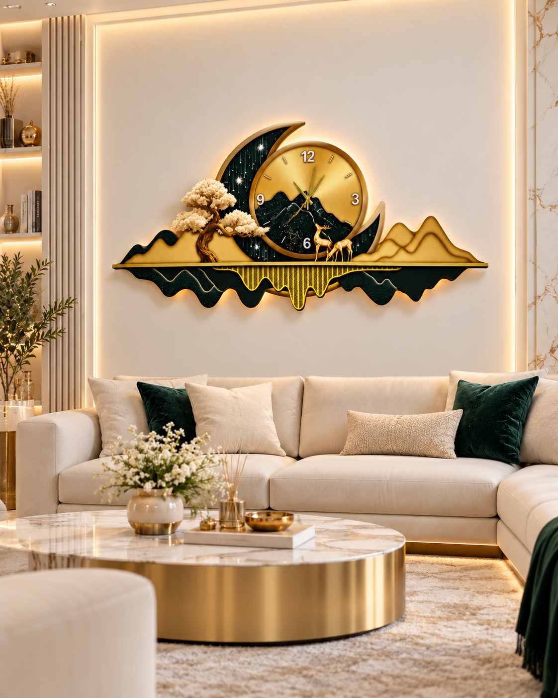 Zümrüt Yeșil ve Altın Hilal Dağ LED Duvar Saati (70×150 cm) – Bluetooth Hoparlör