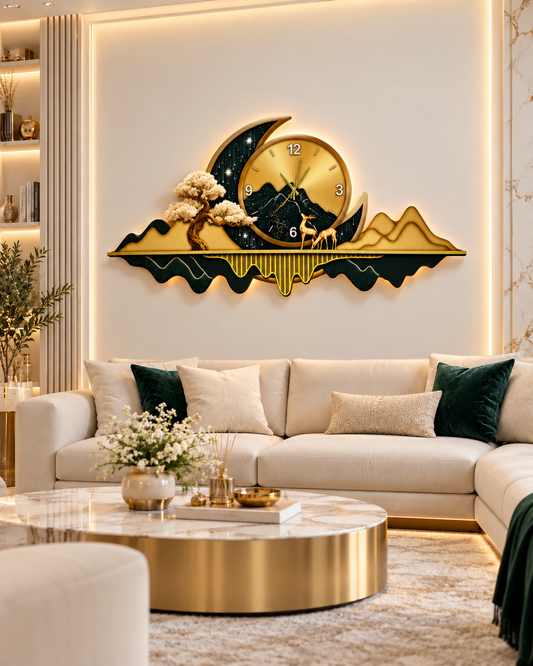 Zümrüt Yeșil ve Altın Hilal Dağ LED Duvar Saati (70×150 cm) – Bluetooth Hoparlör