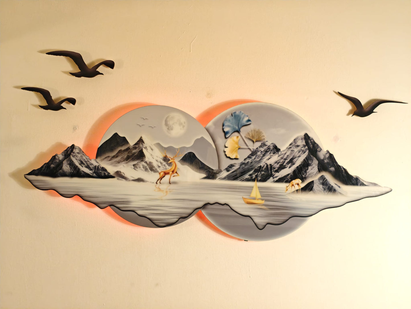 Ay Işığı Temalı Işıklı Dağ ve Göl Manzarası Duvar Tablosu (130 cm × 52 cm)